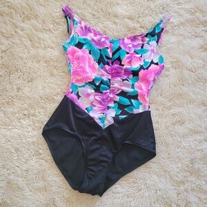 Vintage 80s Floral Black One Piece Swimsuit New Wave Retro 8 Medium